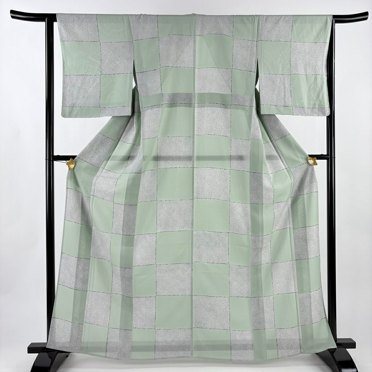 【美品】小紋 身長163.5cm 袖長63cm S 薄物 絽 市松樹 疋田紋 薄綠 純蠶絲 秀品級