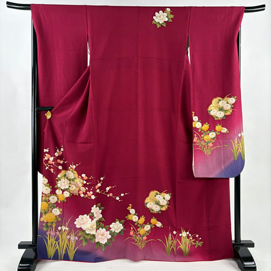 振袖禮服 身長166cm 袖長67cm M 雙層 櫻花 枝梅花 金銀彩 染分 紅紫 純蠶絲 秀品級