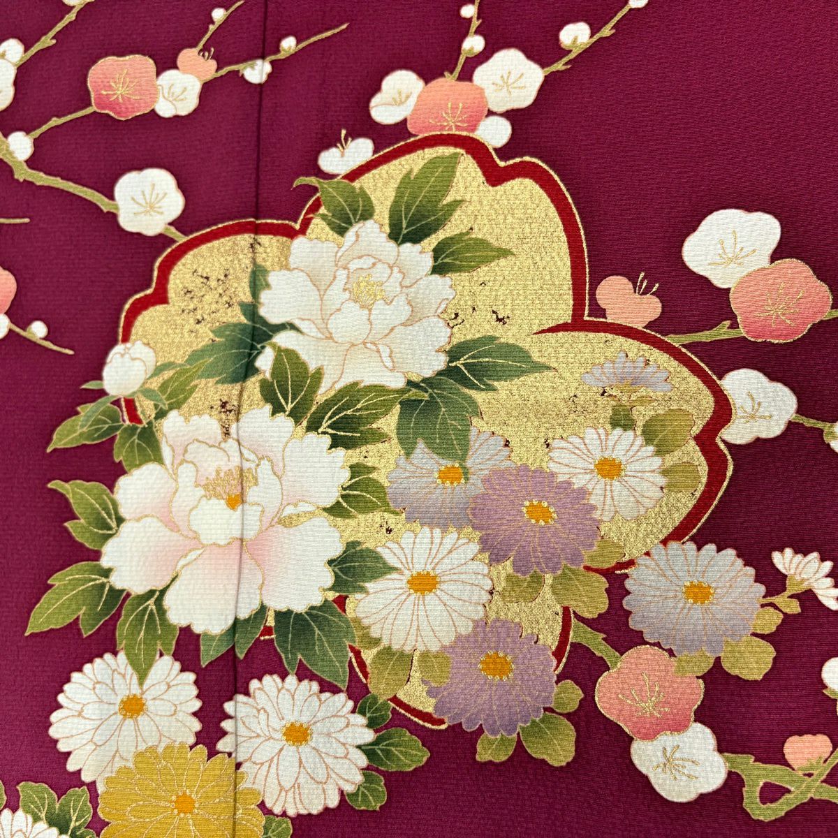 振袖禮服 身長166cm 袖長67cm M 雙層 櫻花 枝梅花 金銀彩 染分 紅紫 純蠶絲 秀品級