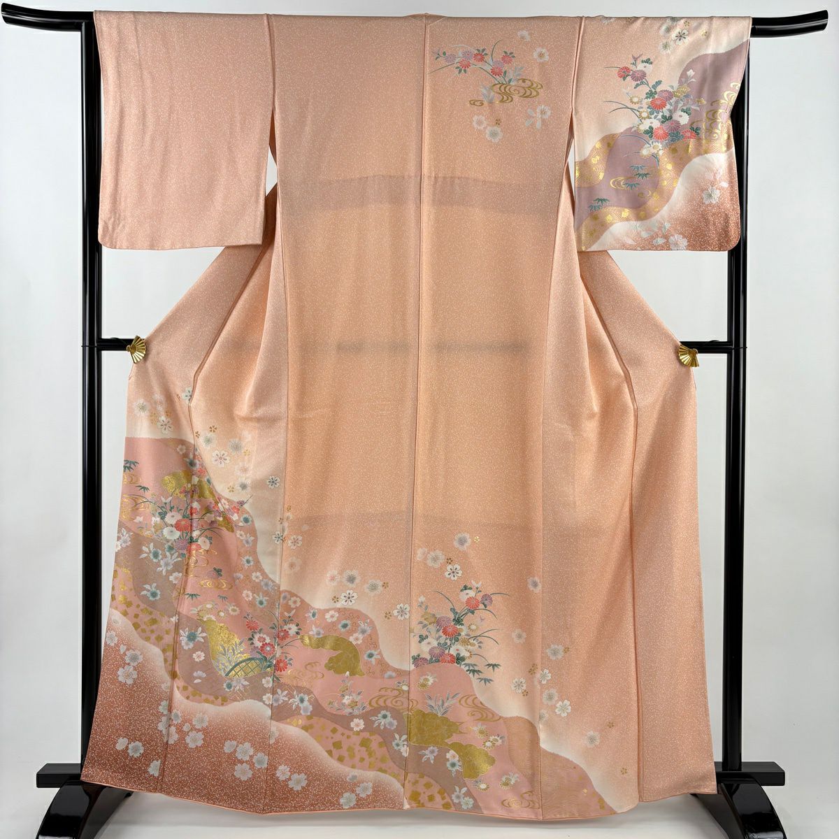 訪問服 身長163.5cm 袖長64cm M 雙層 草花紋紋 道長取 金彩裝飾 漸層 鮭粉色 純蠶絲 優品級