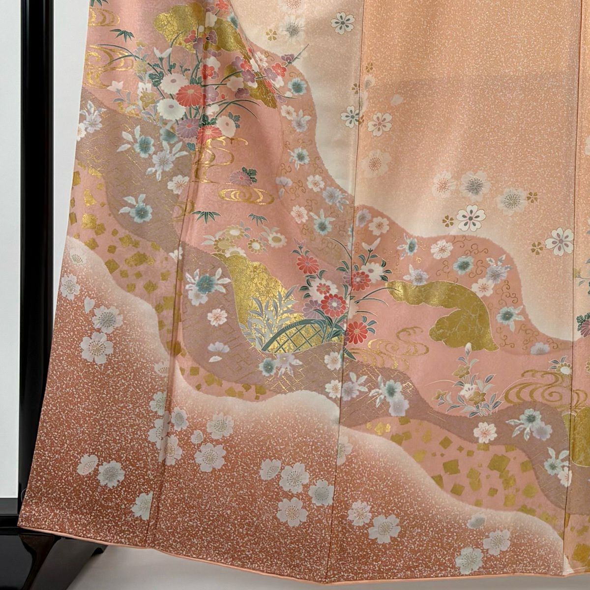 訪問服 身長163.5cm 袖長64cm M 雙層 草花紋紋 道長取 金彩裝飾 漸層 鮭粉色 純蠶絲 優品級