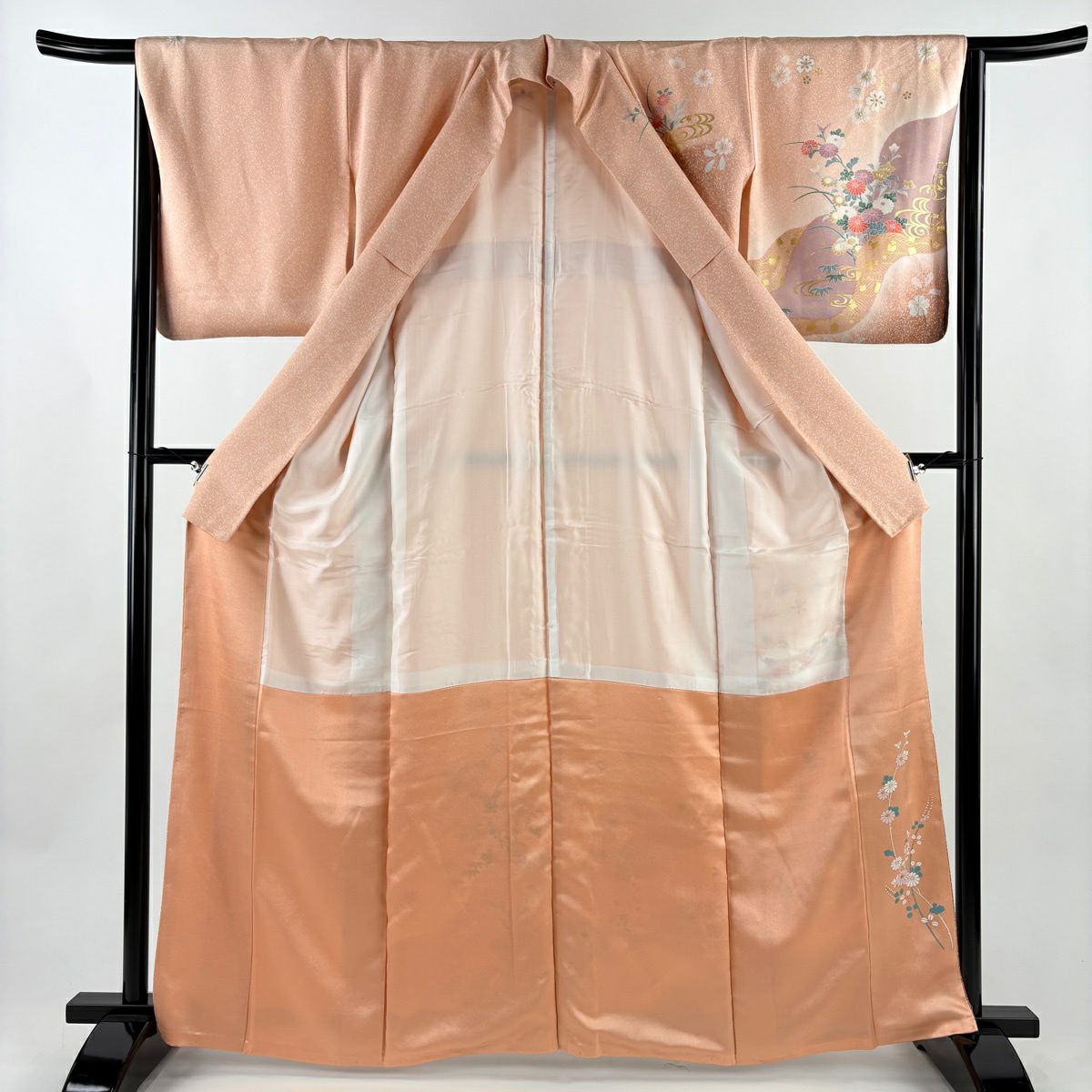 訪問服 身長163.5cm 袖長64cm M 雙層 草花紋紋 道長取 金彩裝飾 漸層 鮭粉色 純蠶絲 優品級