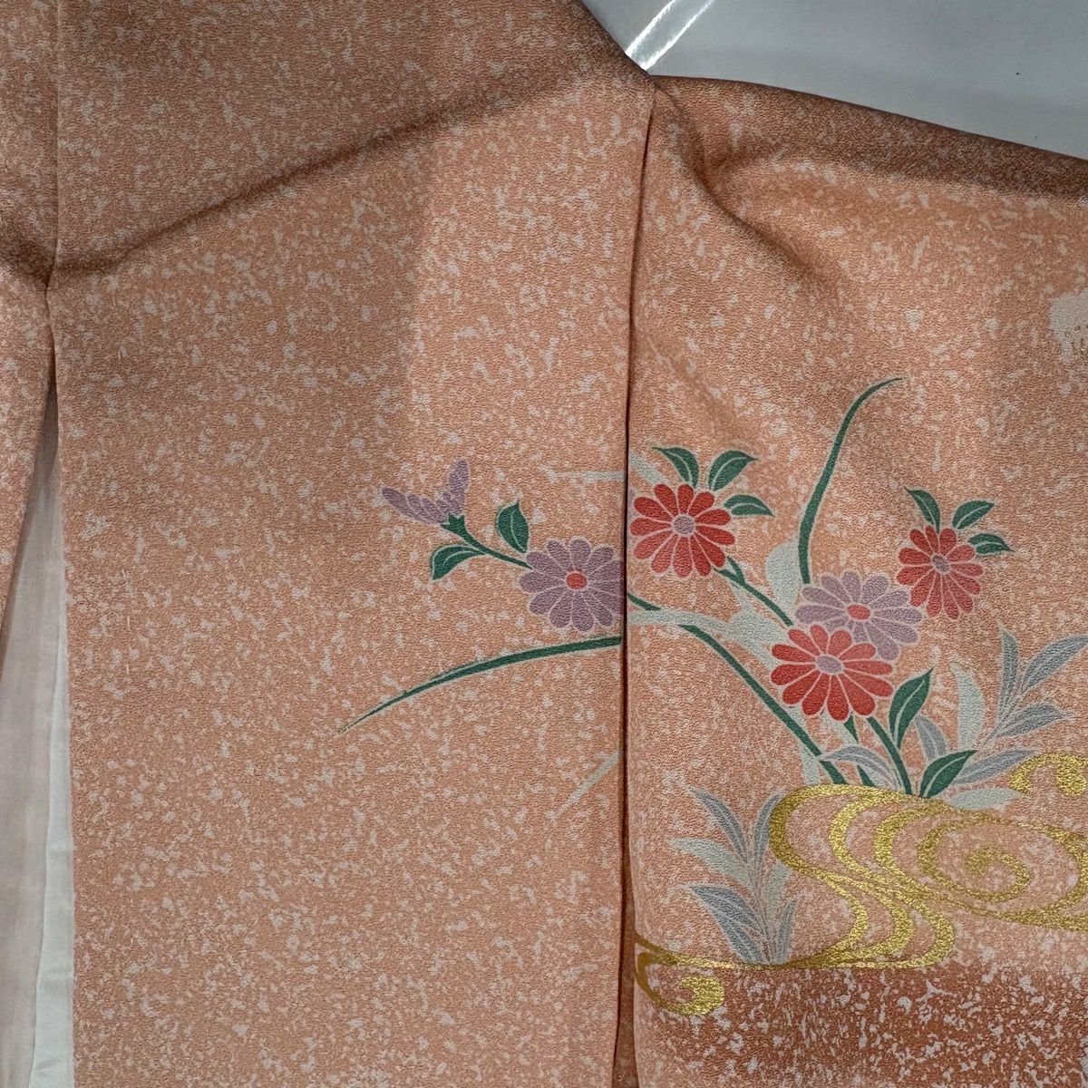訪問服 身長163.5cm 袖長64cm M 雙層 草花紋紋 道長取 金彩裝飾 漸層 鮭粉色 純蠶絲 優品級