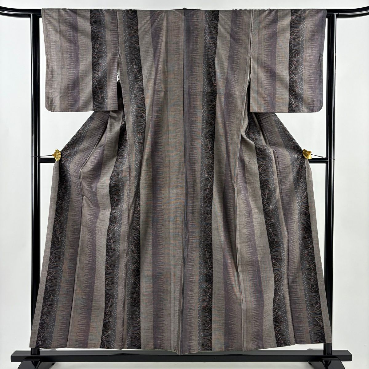 【美品】 紬織 身長156.5cm 袖長62.5cm S 雙層 縱條 幾何圖案 茶紫 純蠶絲 優品級