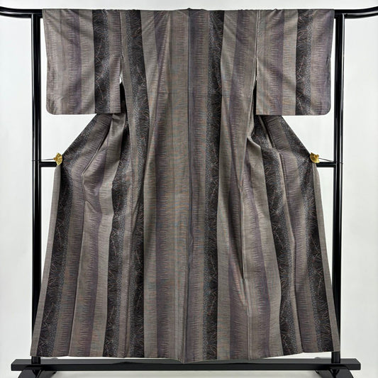 【美品】 紬織 身長156.5cm 袖長62.5cm S 雙層 縱條 幾何圖案 茶紫 純蠶絲 優品級