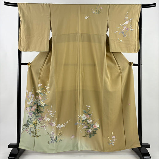 【美品】訪問服 身長163.5cm 袖長67cm M 雙層 落款あり 草花紋紋 枝梅花 染分 ぼかし 淡茶 純蠶絲 秀品級