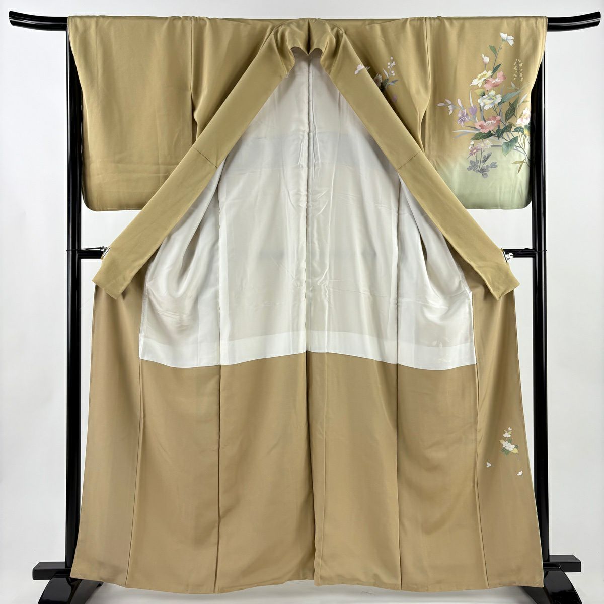 【美品】訪問服 身長163.5cm 袖長67cm M 雙層 落款あり 草花紋紋 枝梅花 染分 ぼかし 淡茶 純蠶絲 秀品級