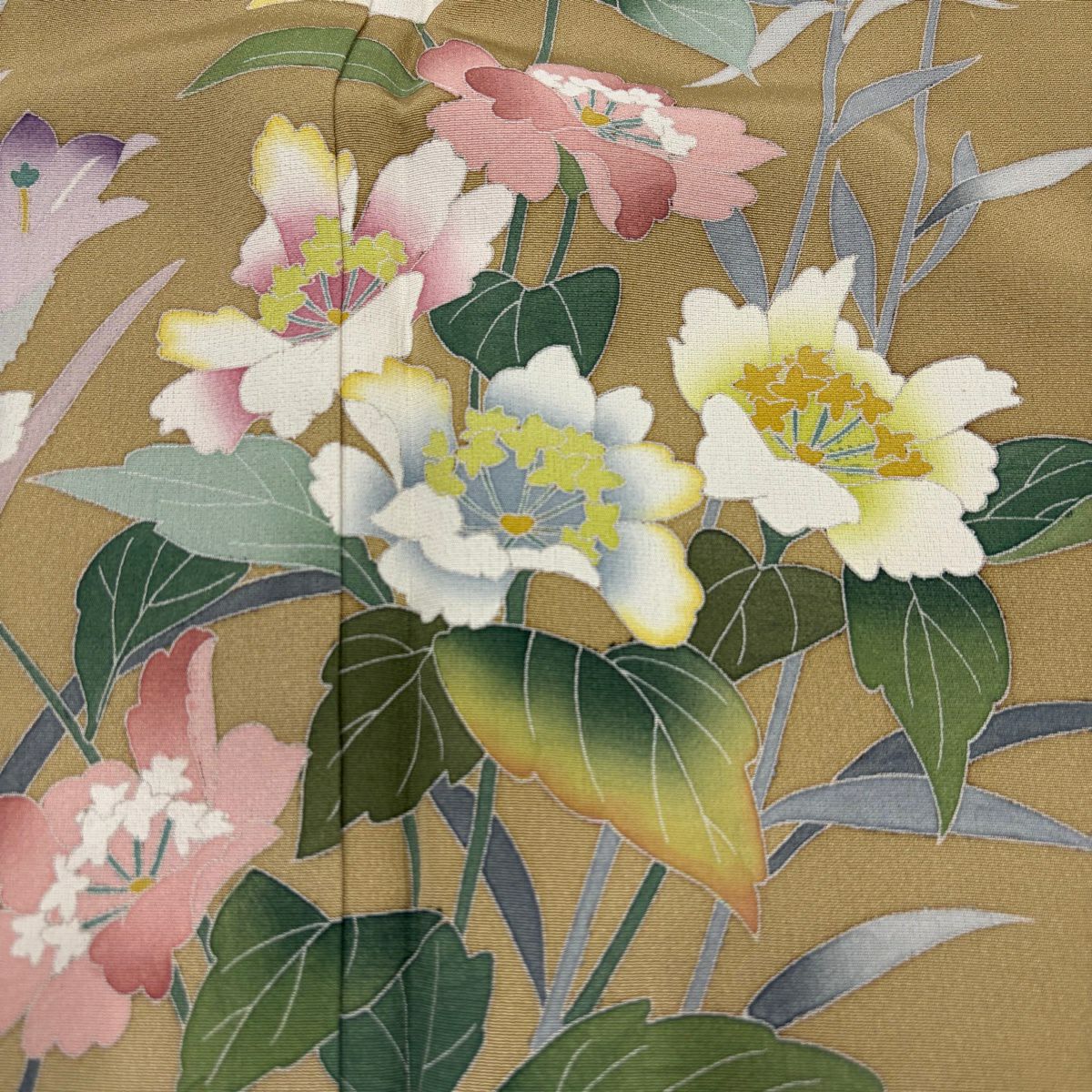 【美品】訪問服 身長163.5cm 袖長67cm M 雙層 落款あり 草花紋紋 枝梅花 染分 ぼかし 淡茶 純蠶絲 秀品級
