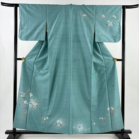 訪問服 身長157.5cm 袖長62.5cm S 雙層 紬織織 落款あり 枝花 菖蒲 漸層 綠 純蠶絲 秀品級