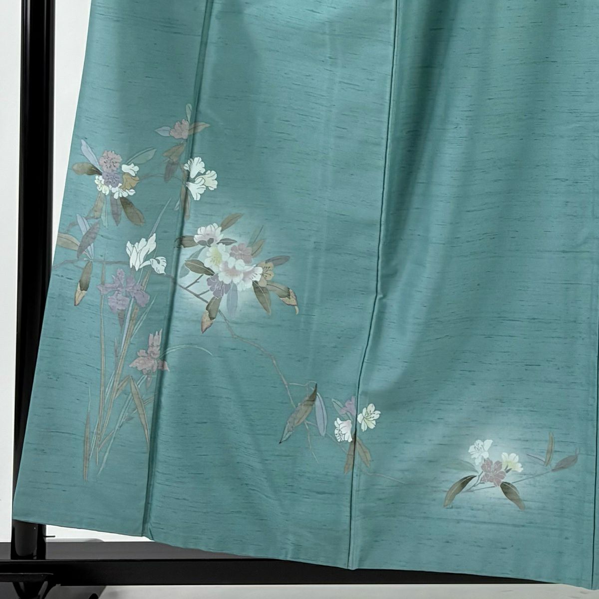 訪問服 身長157.5cm 袖長62.5cm S 雙層 紬織織 落款あり 枝花 菖蒲 漸層 綠 純蠶絲 秀品級