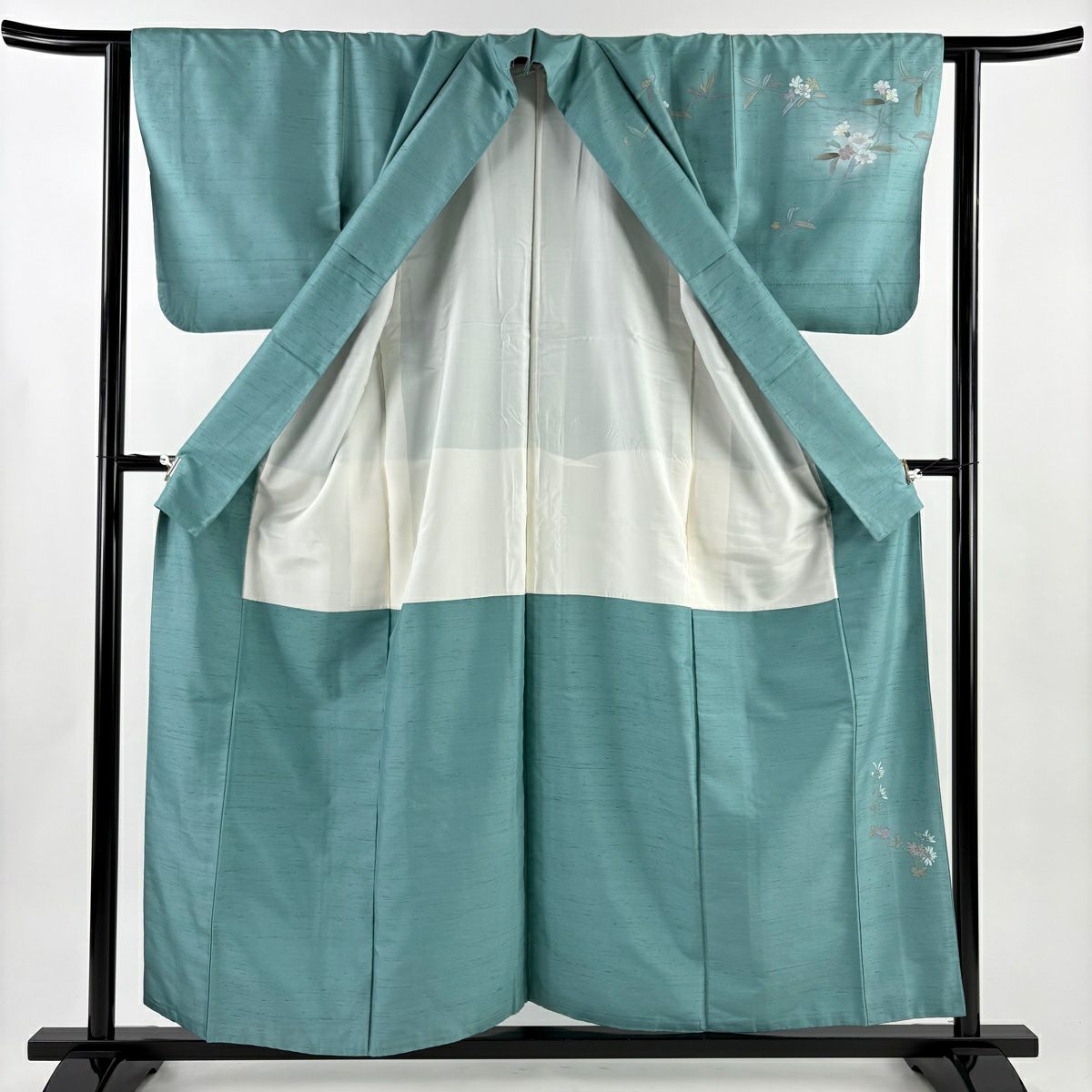 訪問服 身長157.5cm 袖長62.5cm S 雙層 紬織織 落款あり 枝花 菖蒲 漸層 綠 純蠶絲 秀品級