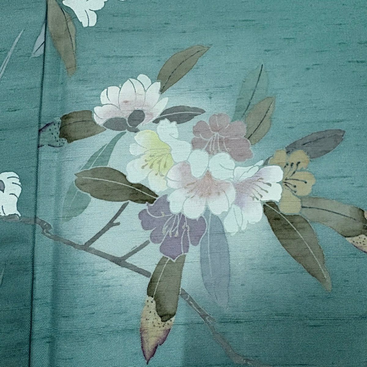 訪問服 身長157.5cm 袖長62.5cm S 雙層 紬織織 落款あり 枝花 菖蒲 漸層 綠 純蠶絲 秀品級