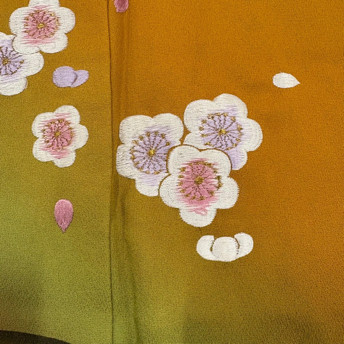 付下 身長155cm 袖長64cm M 雙層 梅花葉紋刺繡 染分 山吹色 純蠶絲 秀品級