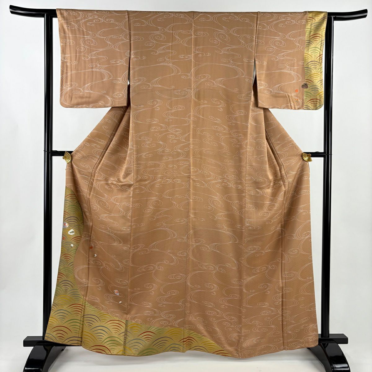 付下 身長163cm 袖長62.5cm S 雙層 流水 貝合刺繡 金彩裝飾 淺茶 純蠶絲 優品級