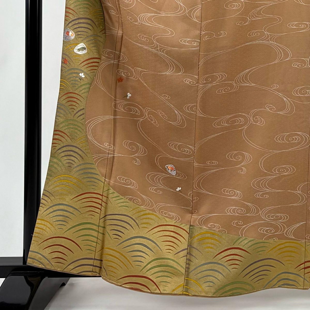 付下 身長163cm 袖長62.5cm S 雙層 流水 貝合刺繡 金彩裝飾 淺茶 純蠶絲 優品級