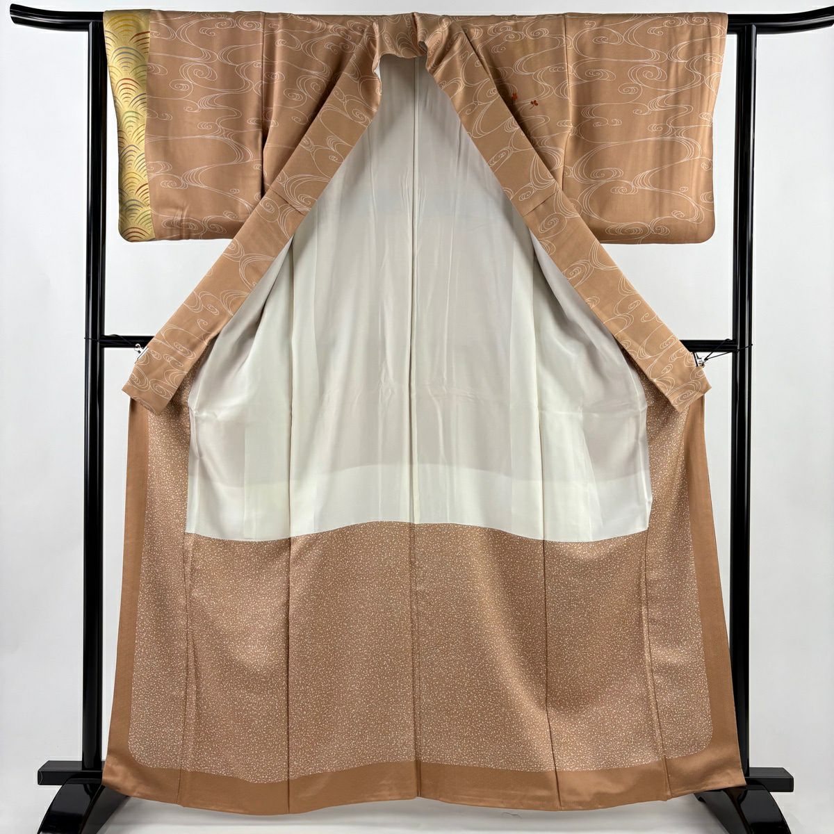 付下 身長163cm 袖長62.5cm S 雙層 流水 貝合刺繡 金彩裝飾 淺茶 純蠶絲 優品級