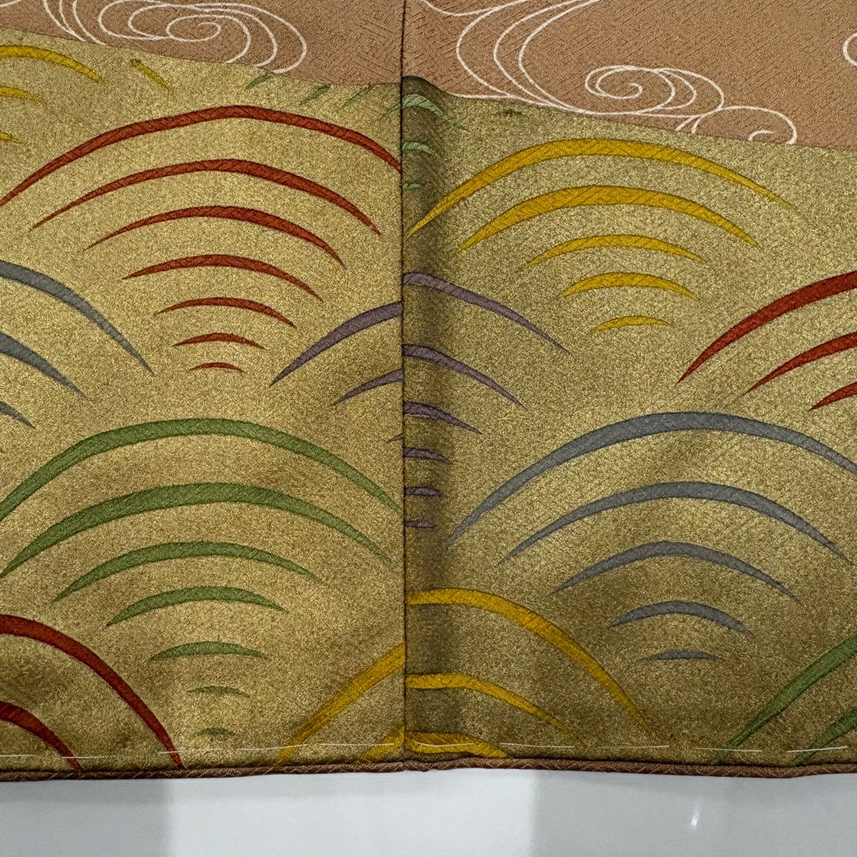 付下 身長163cm 袖長62.5cm S 雙層 流水 貝合刺繡 金彩裝飾 淺茶 純蠶絲 優品級