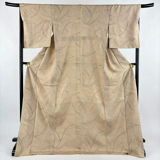【美品】 小紋 身長177.5cm 袖長67cm M 雙層 紬織織 幾何學 龜甲絣 薄茶 純蠶絲 秀品級