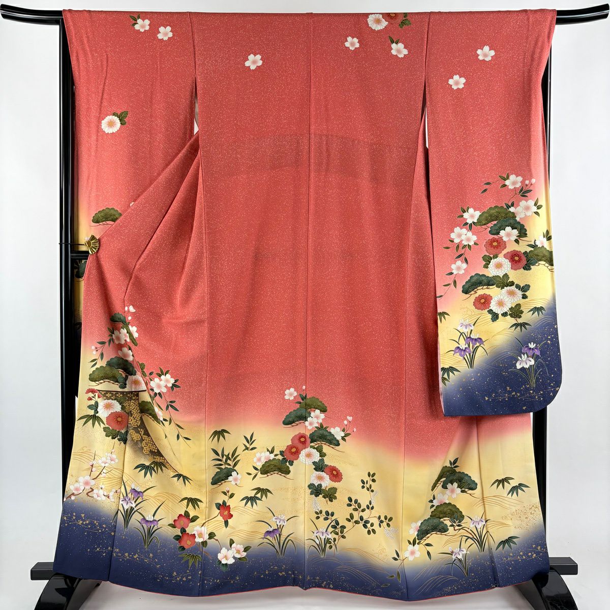 振袖禮服 身長163cm 袖長66cm M 雙層 松樹 菊花 金銀彩 漸層 深粉 純蠶絲 優品級