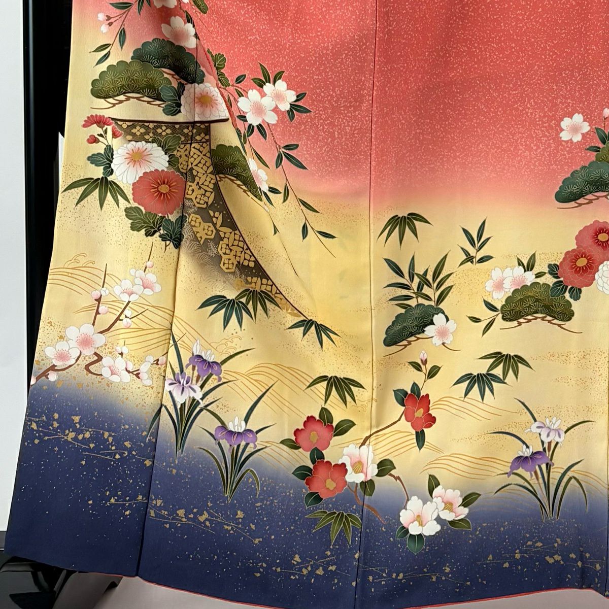 振袖禮服 身長163cm 袖長66cm M 雙層 松樹 菊花 金銀彩 漸層 深粉 純蠶絲 優品級