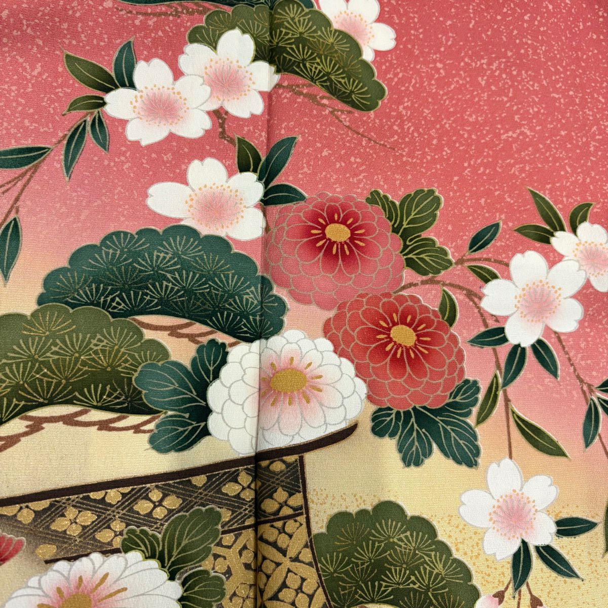 振袖禮服 身長163cm 袖長66cm M 雙層 松樹 菊花 金銀彩 漸層 深粉 純蠶絲 優品級
