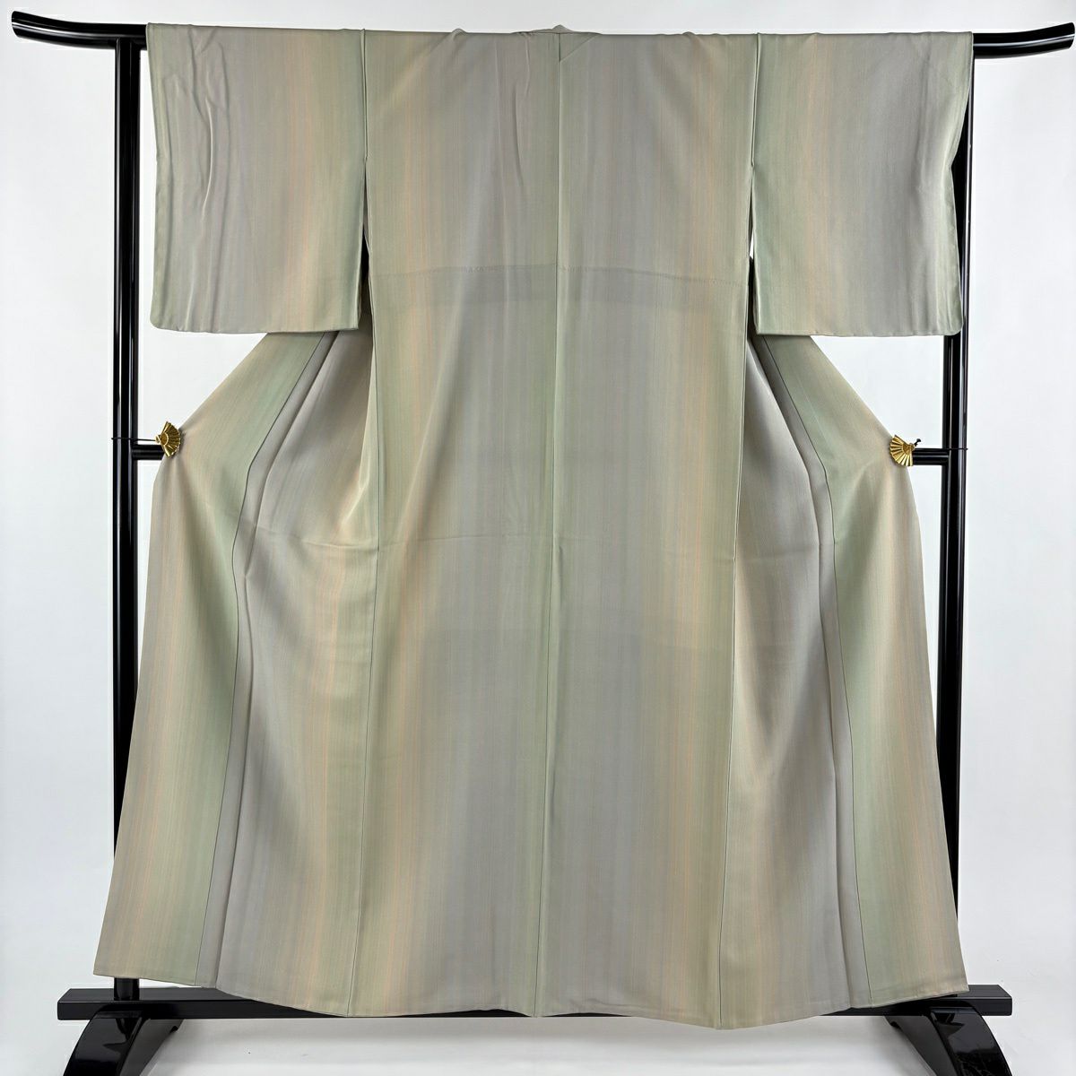 【美品】 小紋 身長157.5cm 袖長64cm M 雙層 縱條 逐漸變色 灰綠 純蠶絲 優品級
