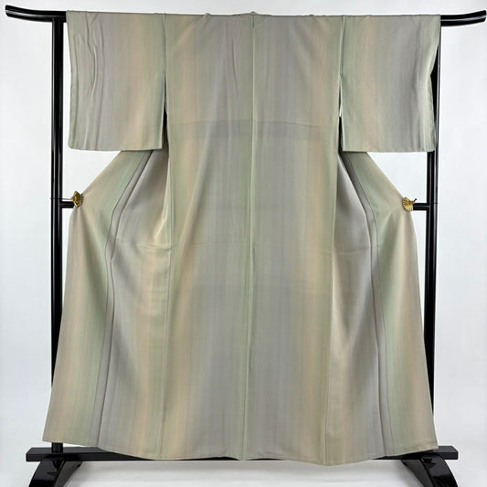 【美品】 小紋 身長157.5cm 袖長64cm M 雙層 縱條 逐漸變色 灰綠 純蠶絲 優品級