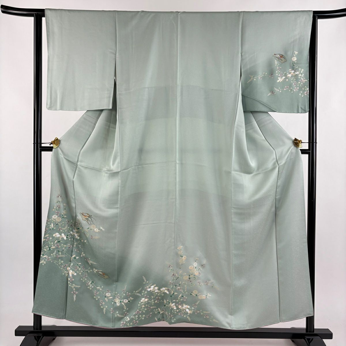 付下 身長151.5cm 袖長64cm M 雙層 扇子面 萩 刺繡 金彩裝飾 淺綠 純蠶絲 優品級