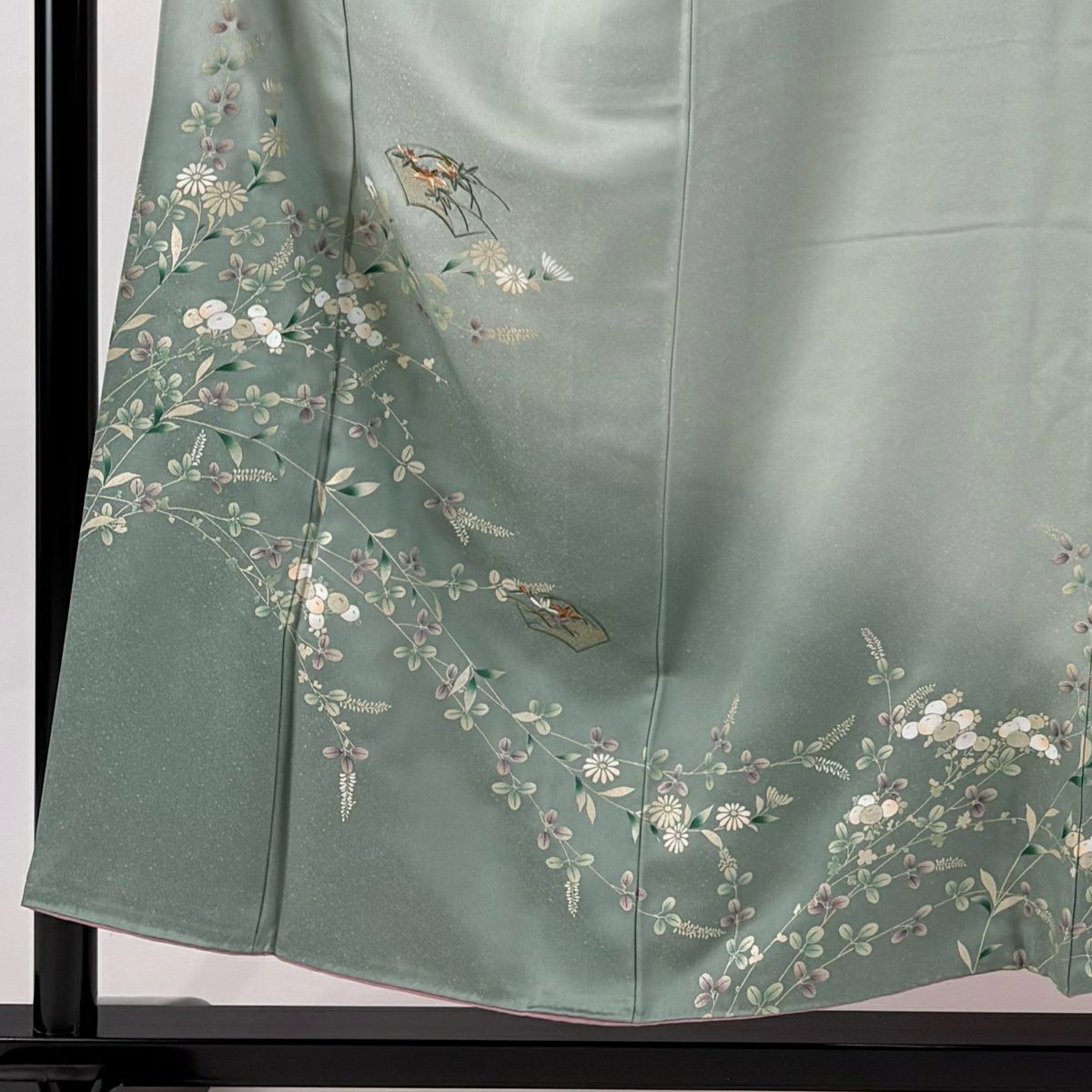 付下 身長151.5cm 袖長64cm M 雙層 扇子面 萩 刺繡 金彩裝飾 淺綠 純蠶絲 優品級
