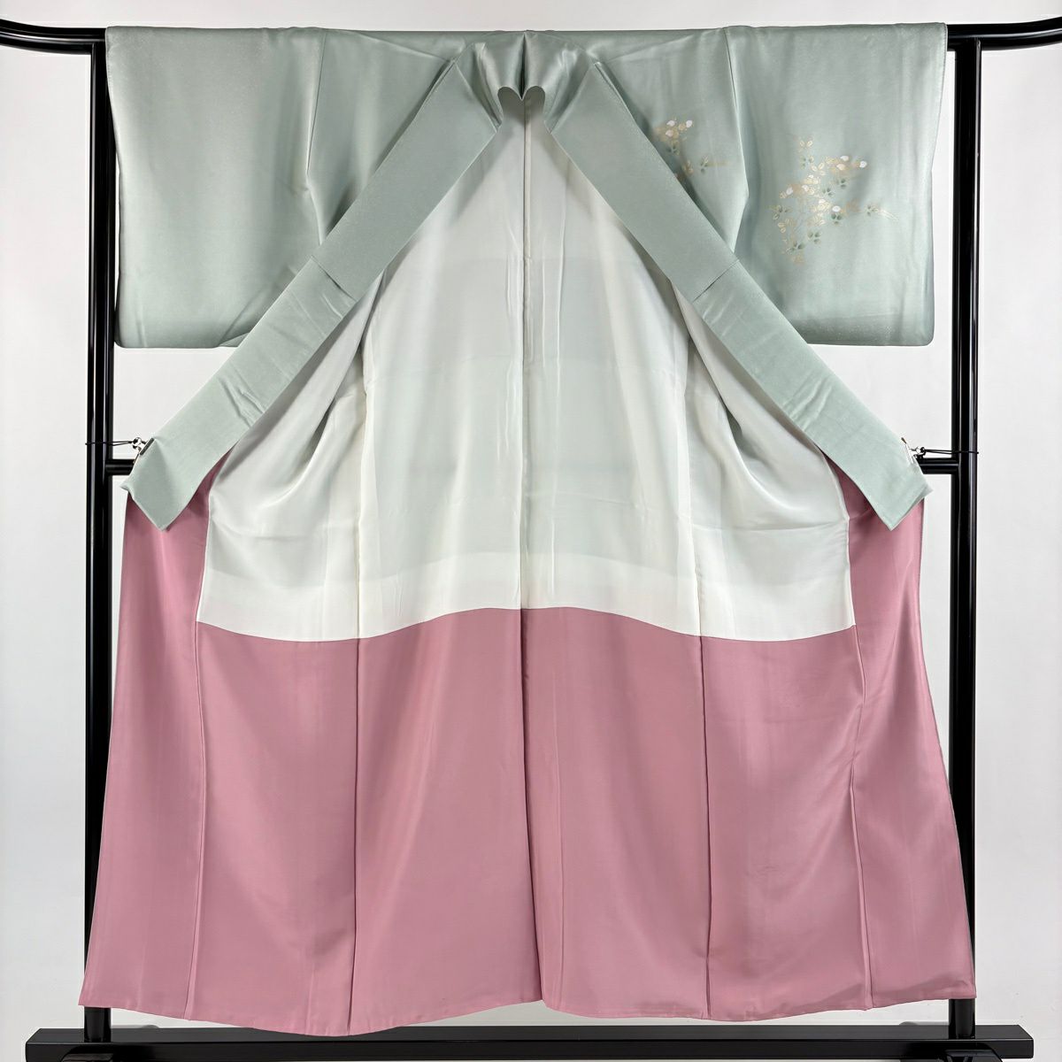 付下 身長151.5cm 袖長64cm M 雙層 扇子面 萩 刺繡 金彩裝飾 淺綠 純蠶絲 優品級