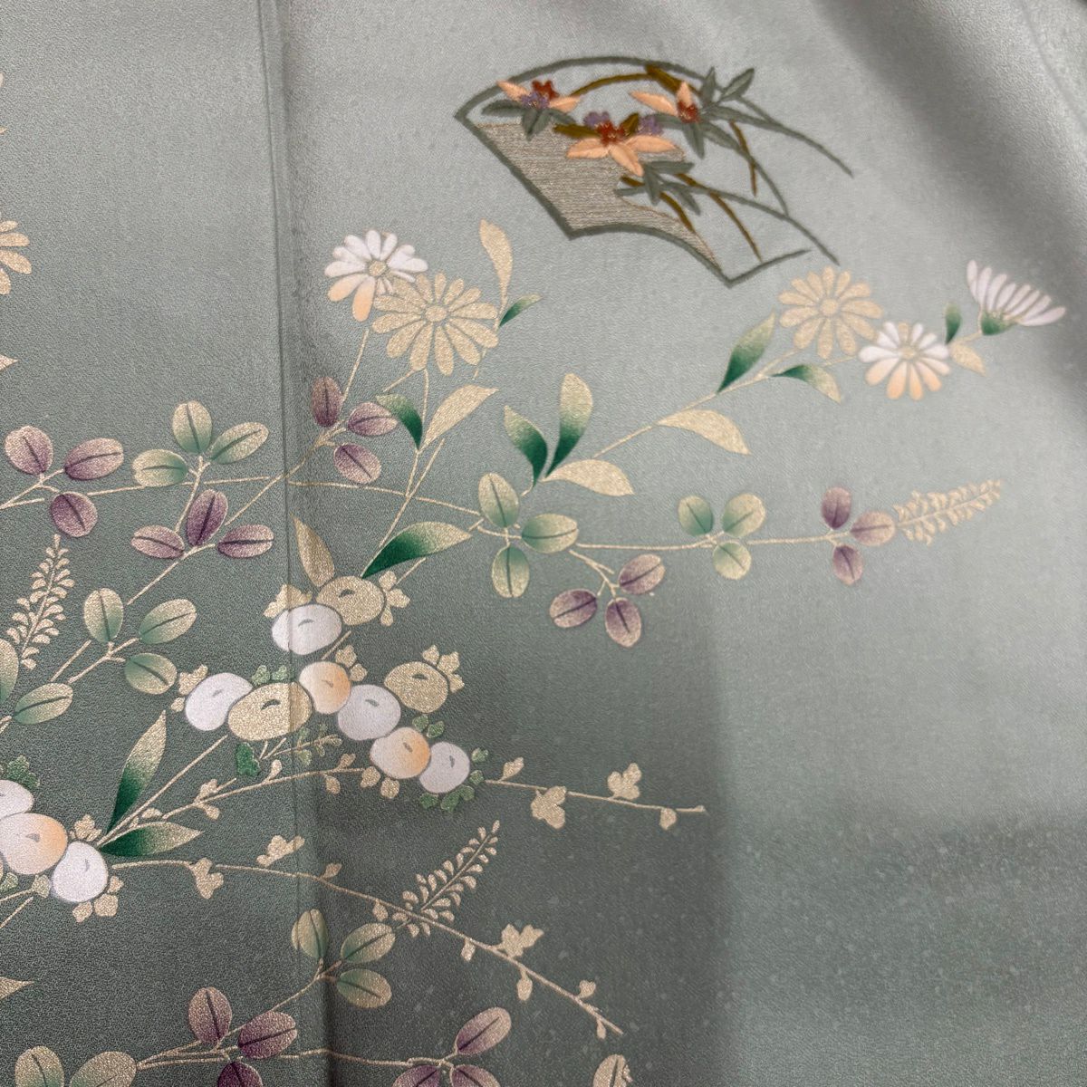付下 身長151.5cm 袖長64cm M 雙層 扇子面 萩 刺繡 金彩裝飾 淺綠 純蠶絲 優品級