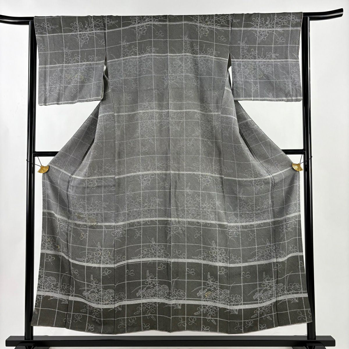 訪問服 身長154.5cm 袖長64cm M 雙層 菊花 格子 刺繡 金彩裝飾 灰 純蠶絲 秀品級