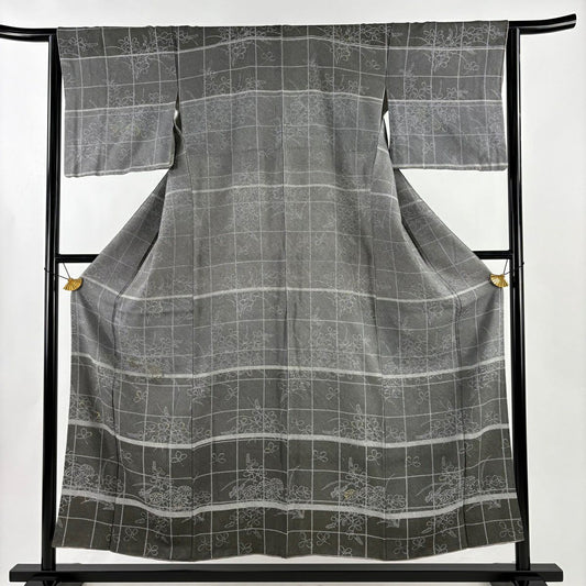 訪問服 身長154.5cm 袖長64cm M 雙層 菊花 格子 刺繡 金彩裝飾 灰 純蠶絲 秀品級