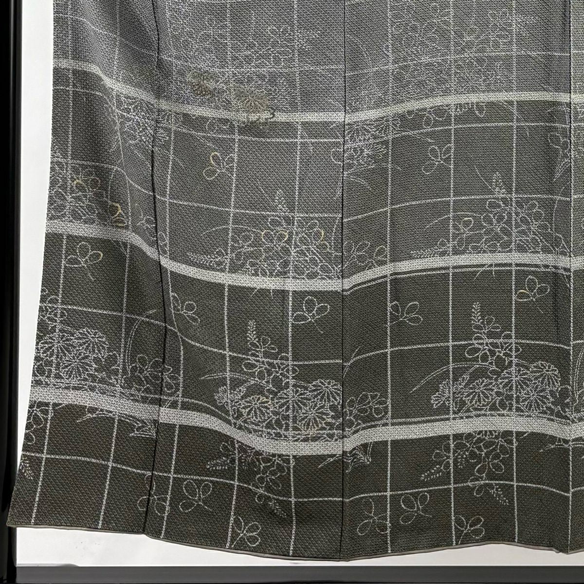 訪問服 身長154.5cm 袖長64cm M 雙層 菊花 格子 刺繡 金彩裝飾 灰 純蠶絲 秀品級