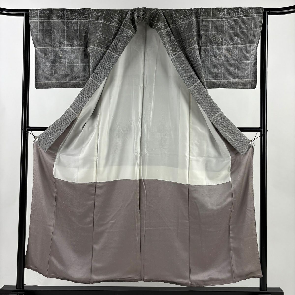 訪問服 身長154.5cm 袖長64cm M 雙層 菊花 格子 刺繡 金彩裝飾 灰 純蠶絲 秀品級