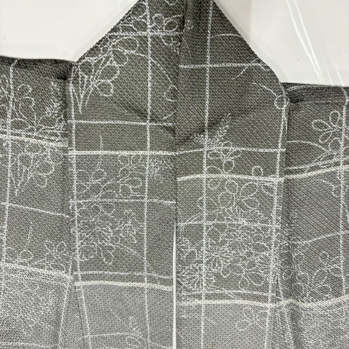 訪問服 身長154.5cm 袖長64cm M 雙層 菊花 格子 刺繡 金彩裝飾 灰 純蠶絲 秀品級