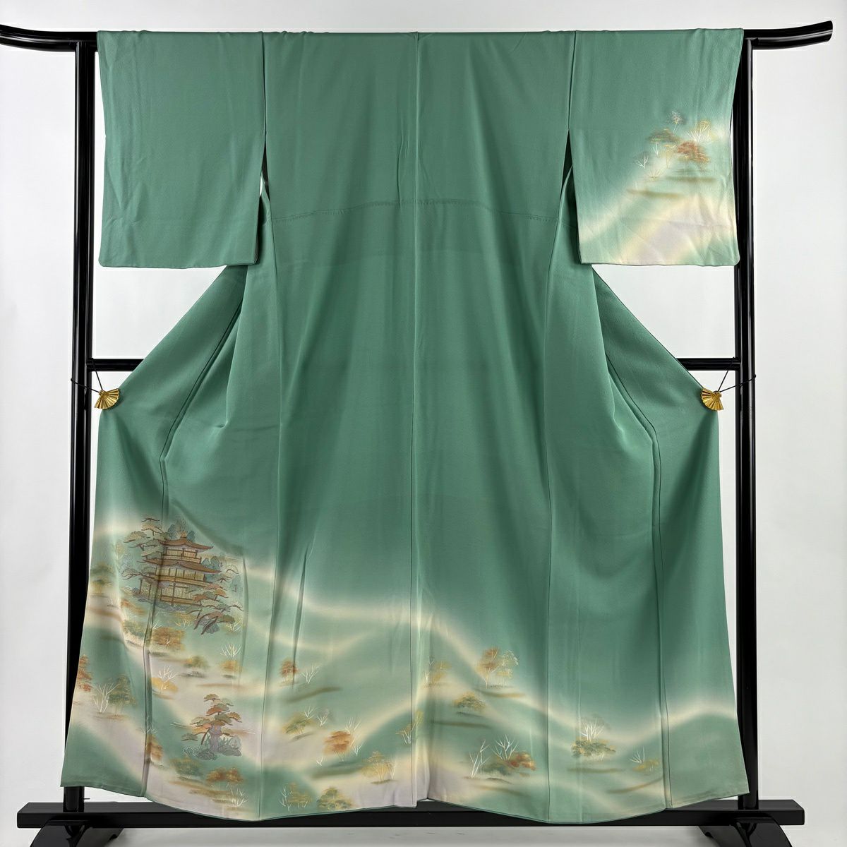 付下 身長157.5cm 袖長64.5cm M 雙層 建物 霞 刺繡 金銀彩 薄綠 純蠶絲 秀品級