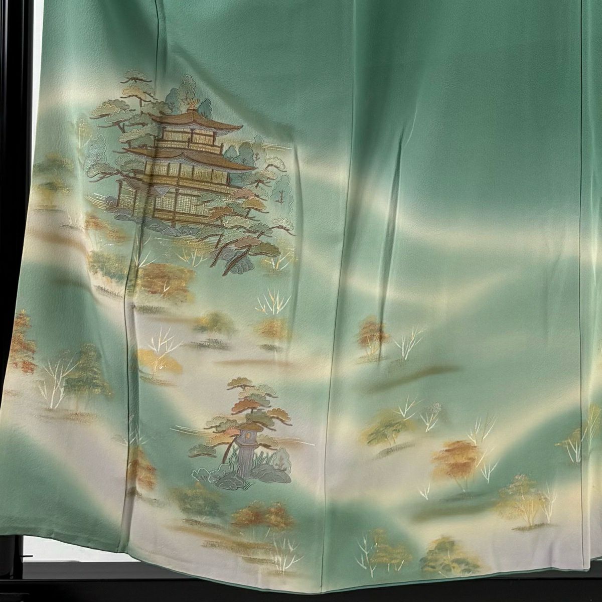付下 身長157.5cm 袖長64.5cm M 雙層 建物 霞 刺繡 金銀彩 薄綠 純蠶絲 秀品級