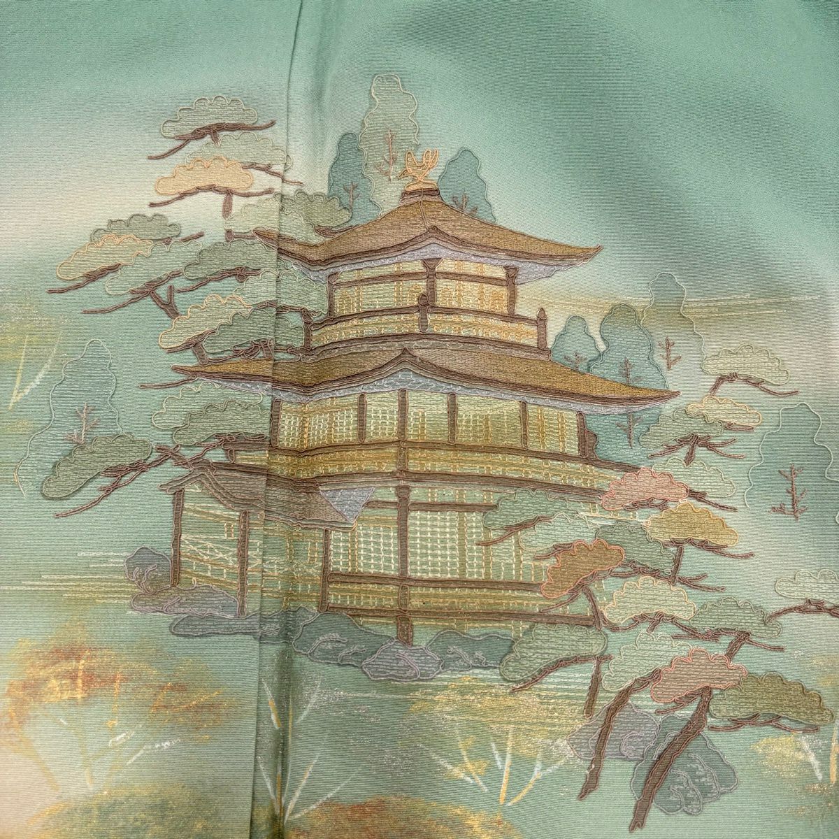 付下 身長157.5cm 袖長64.5cm M 雙層 建物 霞 刺繡 金銀彩 薄綠 純蠶絲 秀品級