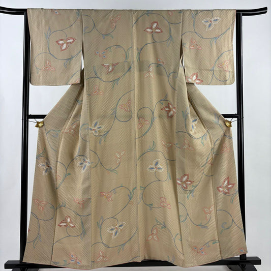 小紋 身長157.5cm 袖長64.5cm M 雙層 草花紋紋 地紋 薄茶 純蠶絲 秀品級