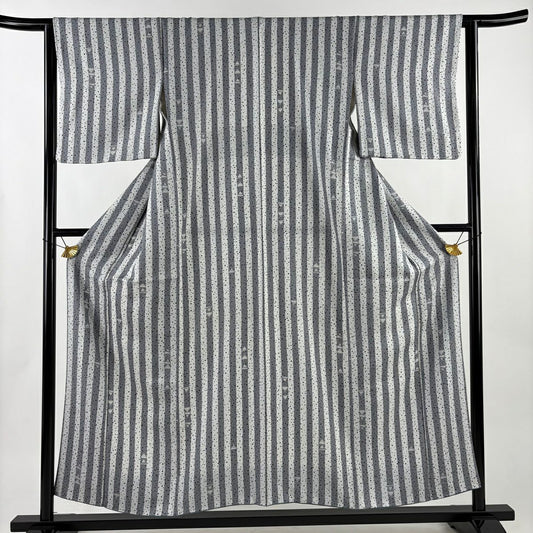 【美品】 小紋 身長153.5cm 袖長63.5cm S 雙層 縞 幾何圖案 灰白 純蠶絲 秀品級