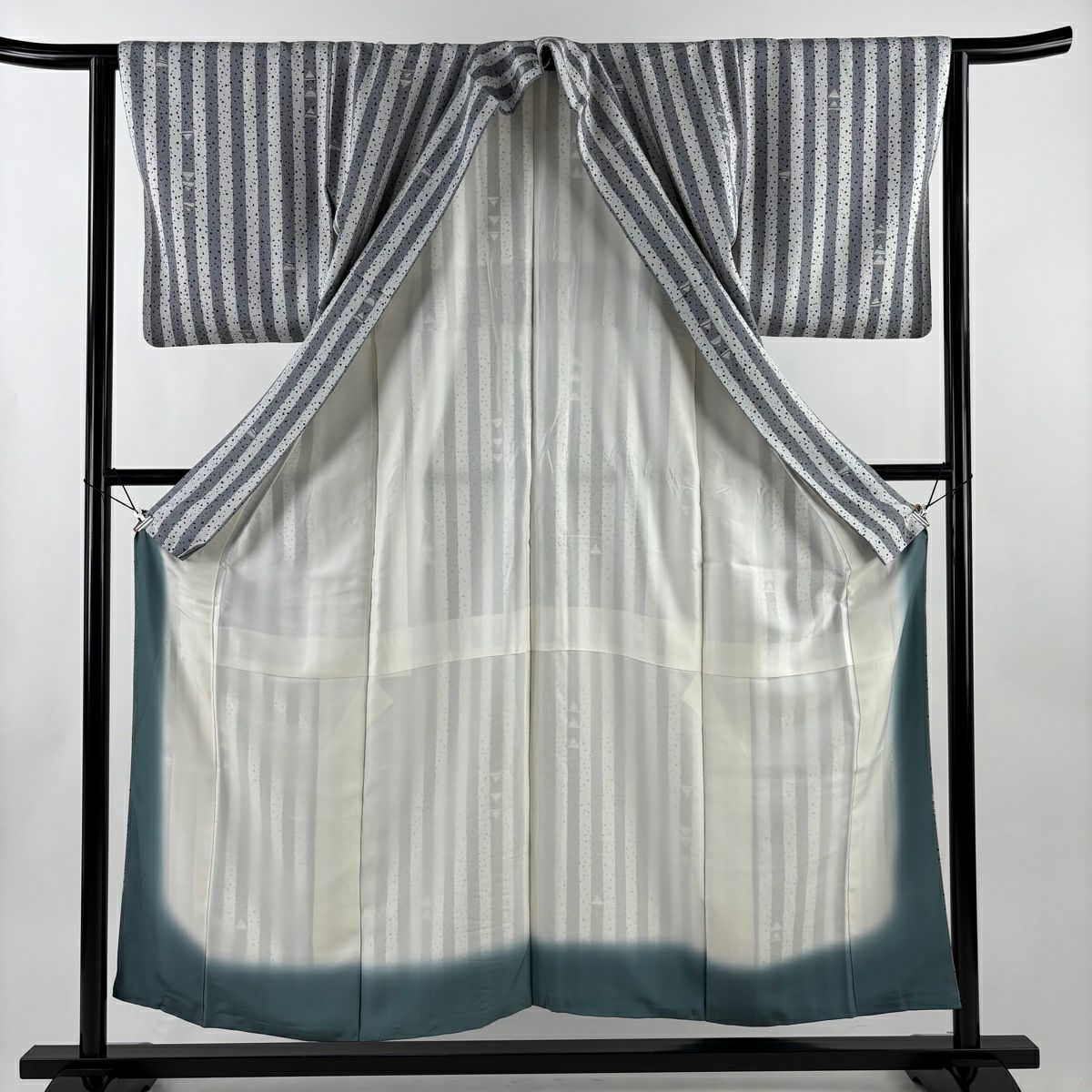 【美品】 小紋 身長153.5cm 袖長63.5cm S 雙層 縞 幾何圖案 灰白 純蠶絲 秀品級