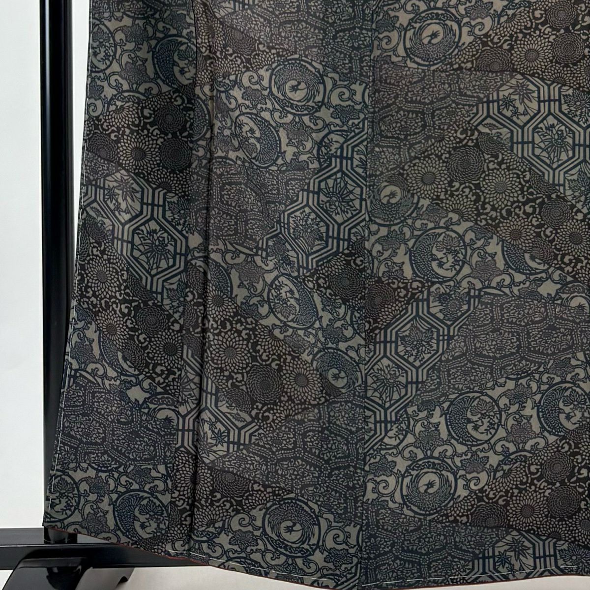 【美品】 小紋 身長162cm 袖長63.5cm S 雙層 菊花唐草紋 鳥 灰綠 純蠶絲 秀品級