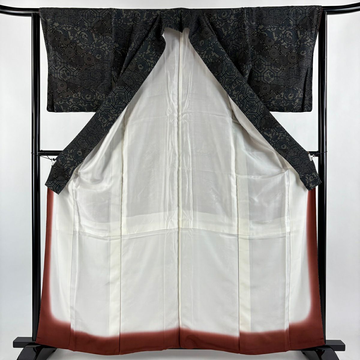 【美品】 小紋 身長162cm 袖長63.5cm S 雙層 菊花唐草紋 鳥 灰綠 純蠶絲 秀品級