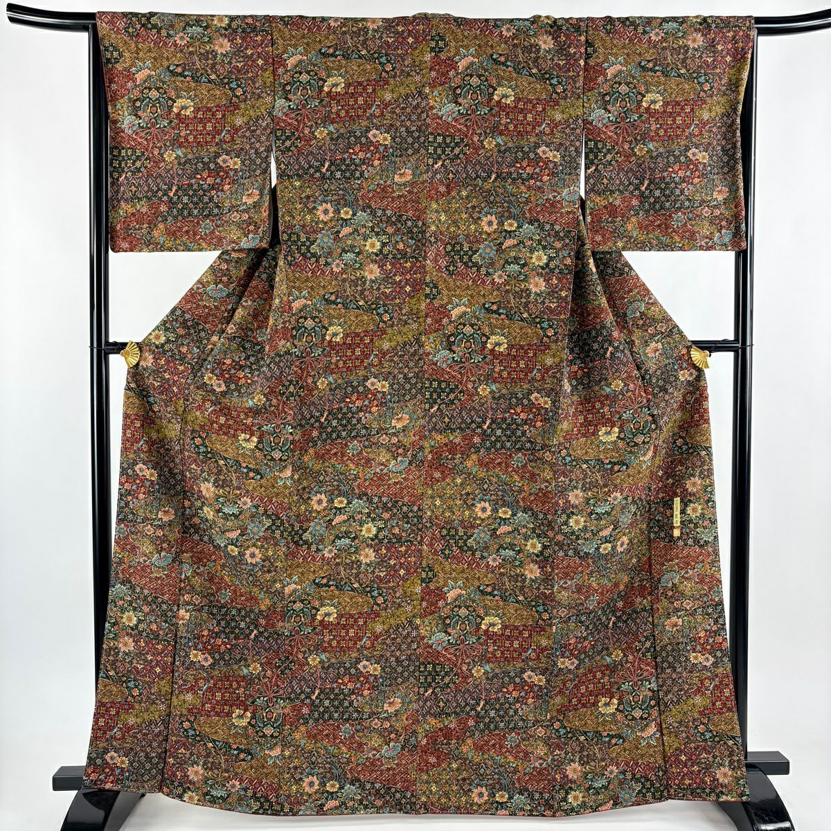 【美品】 小紋 身長164cm 袖長65.5cm M 雙層 更清 落款あり 更紗 えんじ色 純蠶絲 秀品級
