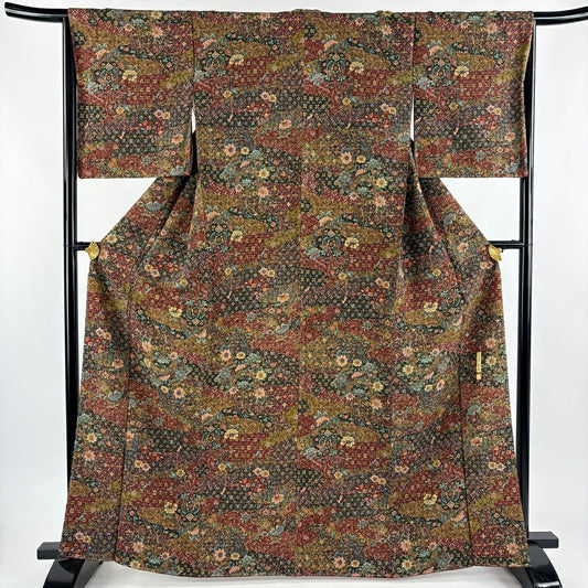 【美品】 小紋 身長164cm 袖長65.5cm M 雙層 更清 落款あり 更紗 えんじ色 純蠶絲 秀品級