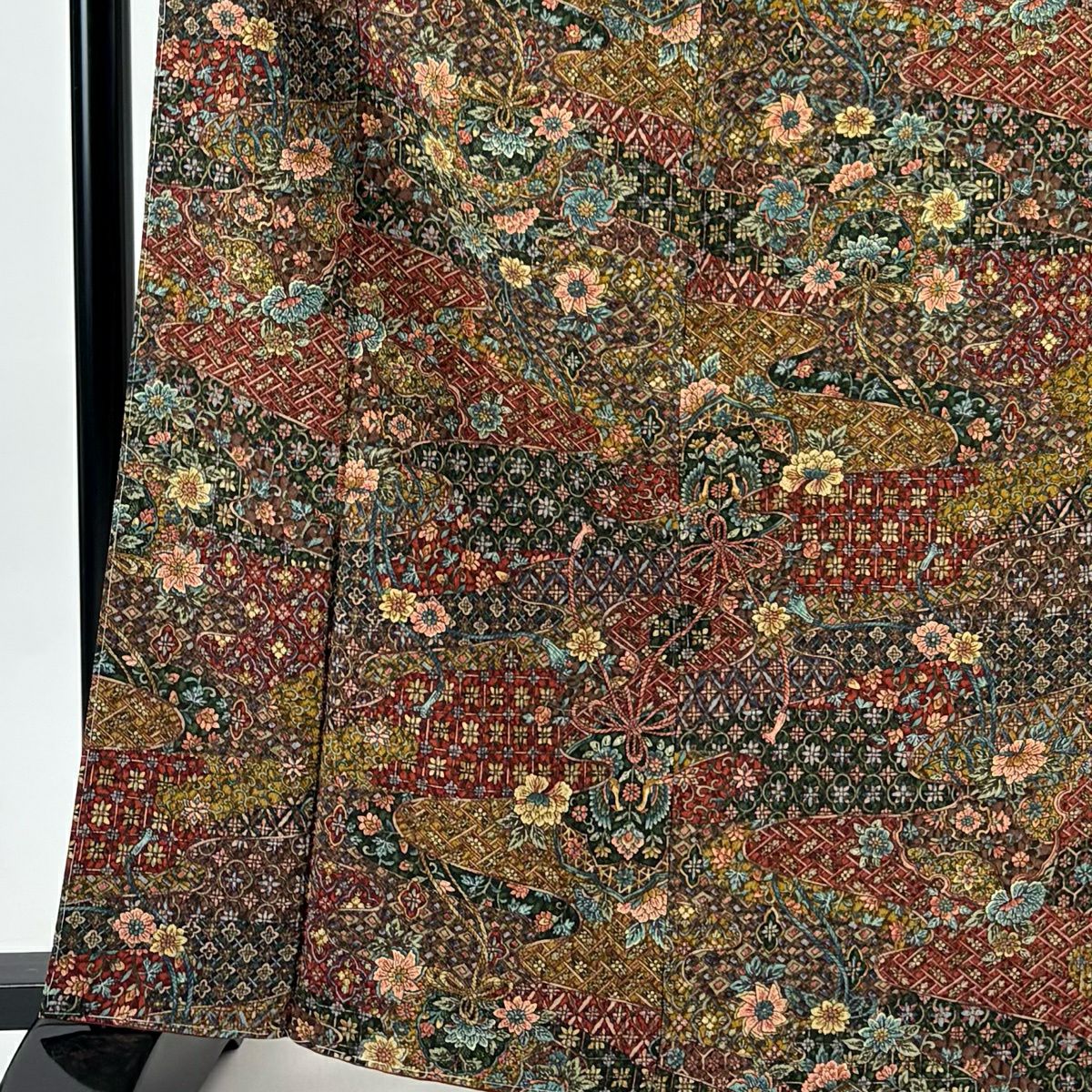 【美品】 小紋 身長164cm 袖長65.5cm M 雙層 更清 落款あり 更紗 えんじ色 純蠶絲 秀品級
