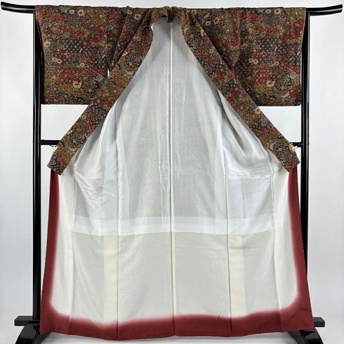 【美品】 小紋 身長164cm 袖長65.5cm M 雙層 更清 落款あり 更紗 えんじ色 純蠶絲 秀品級