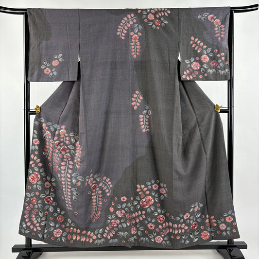 【美品】訪問服 身長155cm 袖長64cm M 雙層 紬織織 辻花染 絞染 灰紫 純蠶絲 秀品級