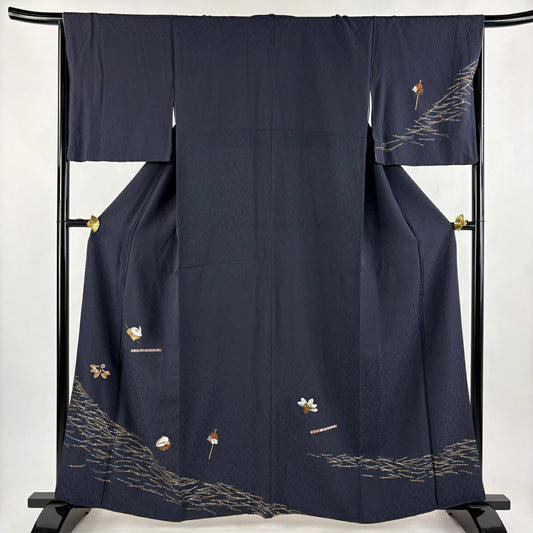 【美品】 付下 身長162.5cm 袖長65cm M 雙層 兔子 笛子 刺繡 金線 深藍 純蠶絲 優品級